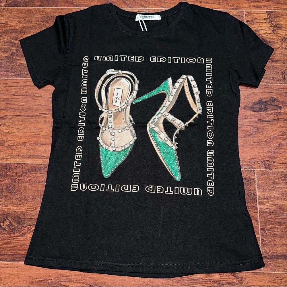 Bling ✨ Black T-Shirt with Green Shoe Graphic